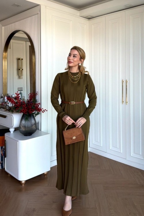 Arzu Triko Elbise Yağ Yeşili