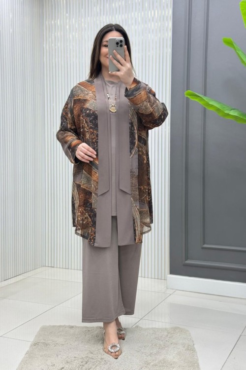 Medine 3lü Takım Koyu Vizon